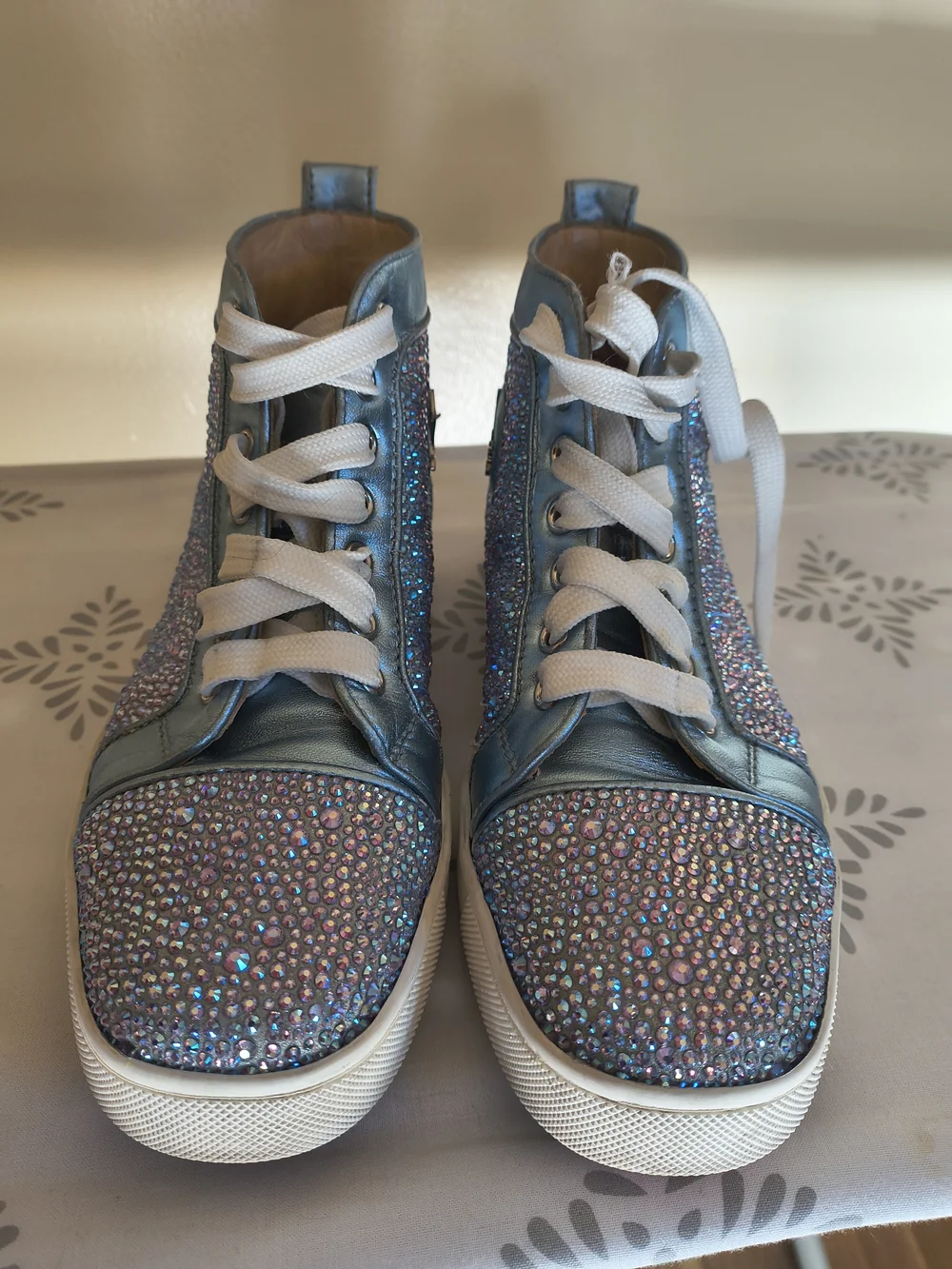 Christian Louboutin Metallic Blue Crystal High-Top Sneakers - Picture 4 of 11